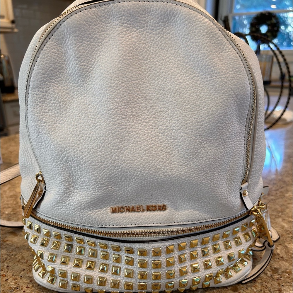 Michael Kors white backpack with gold accents